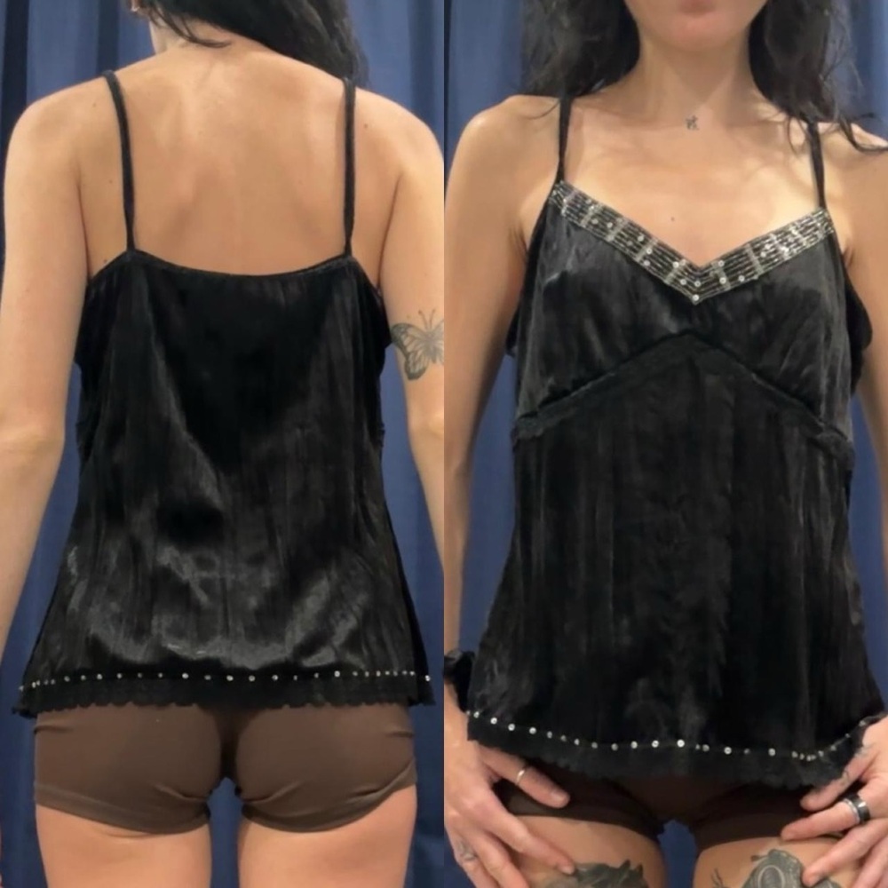 Whimsy Gothic Black Velvet Cami Tank with lace, sequin & rhinestone detailing